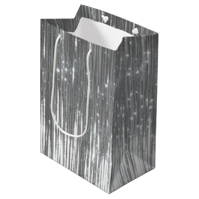 Silver Glam Tinsel Stripes Medium Gift Bag (Front Angled)