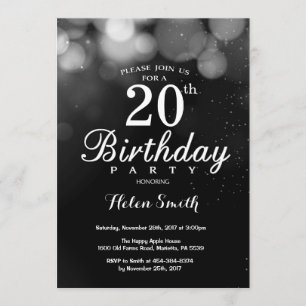 Silver Glitter 20th Birthday Invitation Card