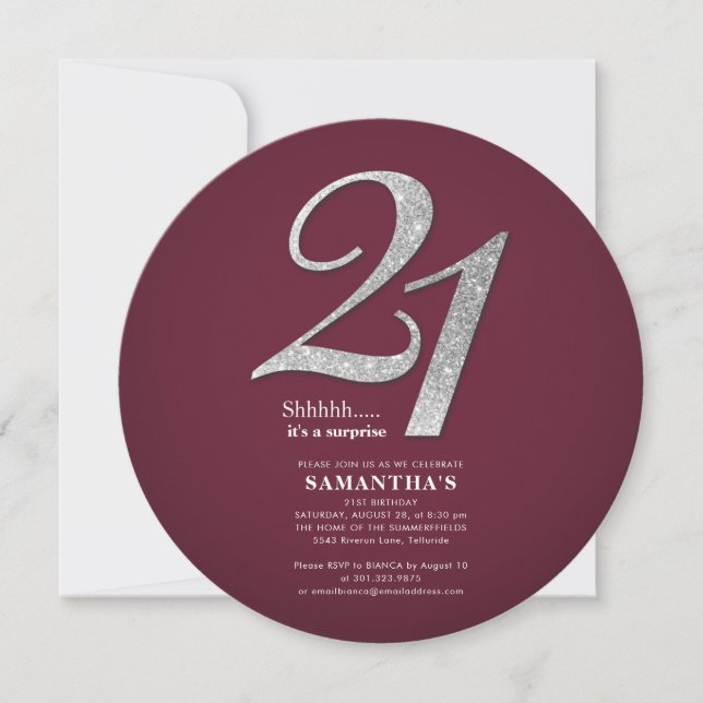 Silver Glitter 21st Birthday Burgundy Invitation (Front)