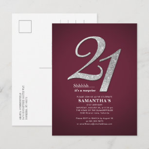 Silver Glitter 21st Birthday Party Burgundy Invitation Postcard