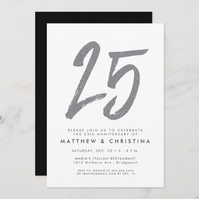 Silver glitter 25th anniversary party invitation (Front/Back)