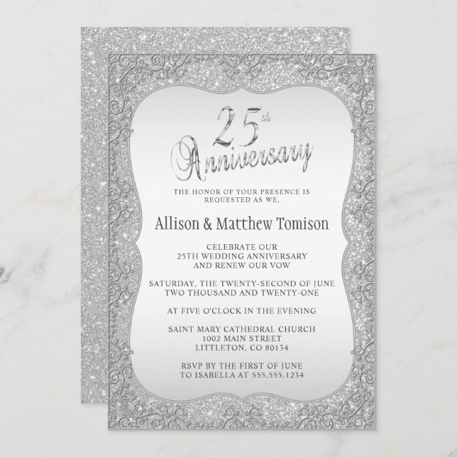 Silver Glitter 25th Wedding Anniversary | DIY Text Invitation (Front/Back)