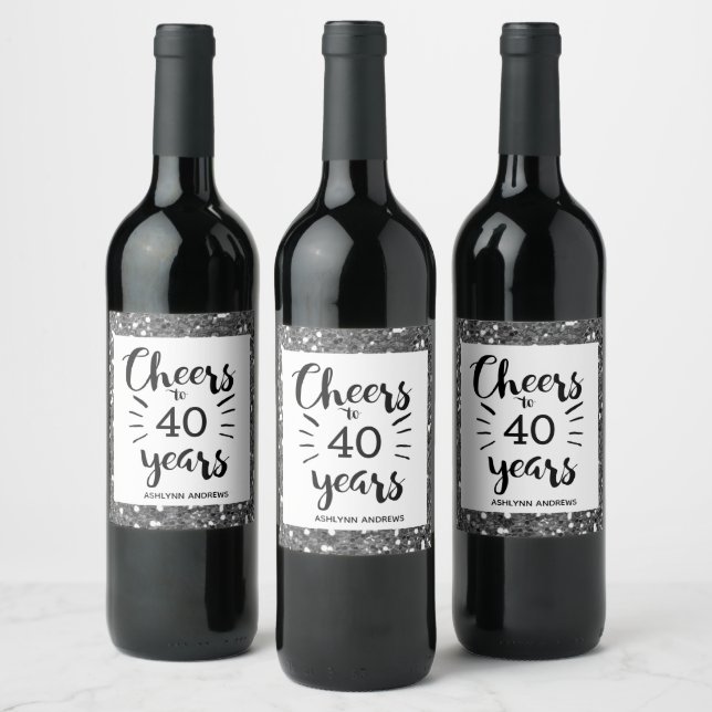 Silver Glitter 40th Birthday - Cheers to 40 Years Wine Label (Bottles)