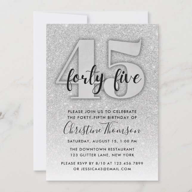 Silver Glitter 45th Birthday Invitation (Front)