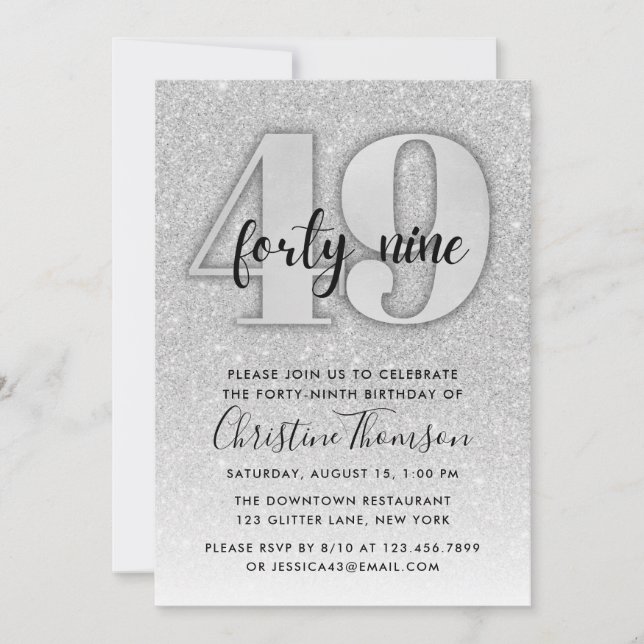 Silver Glitter 49th Birthday Invitation (Front)