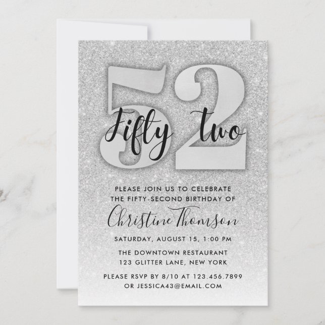 Silver Glitter 52nd Birthday Invitation (Front)
