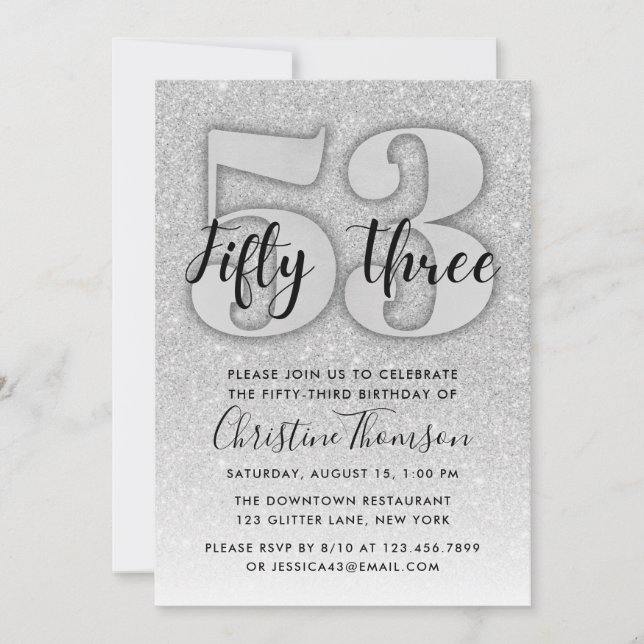 Silver Glitter 53rd Birthday Invitation (Front)