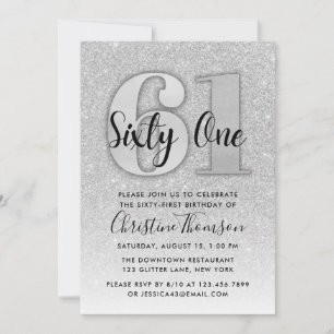 Silver Glitter 61st Birthday Invitation