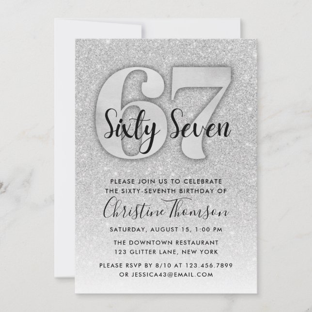 Silver Glitter 67th Birthday Invitation (Front)
