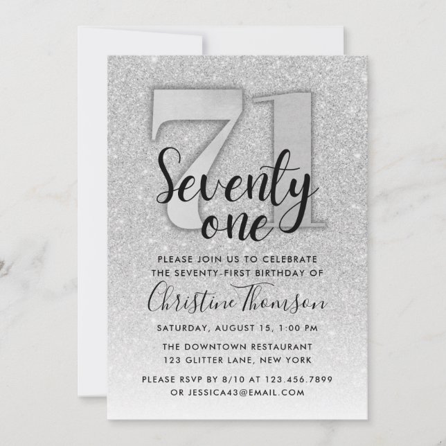 Silver Glitter 71st Birthday Invitation (Front)