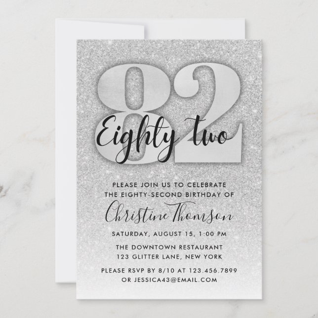 Silver Glitter 82nd Birthday Invitation (Front)