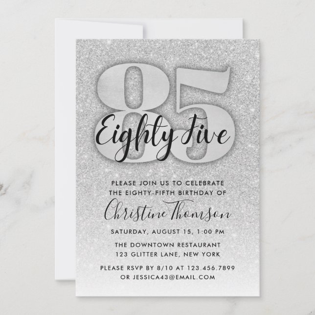 Silver Glitter 85th Birthday Invitation (Front)