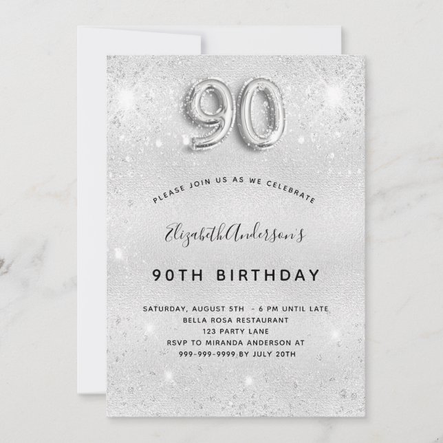 Silver glitter 90th birthday invitation (Front)