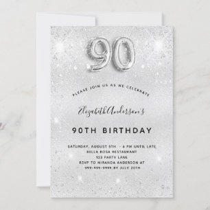 Silver glitter 90th birthday invitation