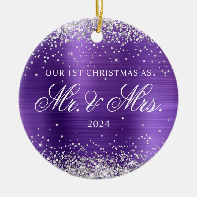 Silver Glitter Amethyst Foil 1st Christmas Photo Ceramic Tree Decoration (Front)