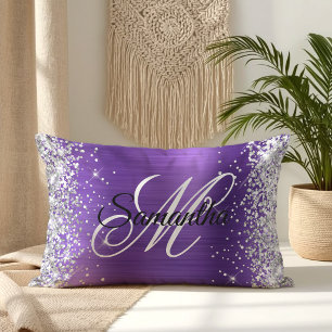 Silver Glitter Amethyst Foil Fancy Monogram Lumbar Cushion