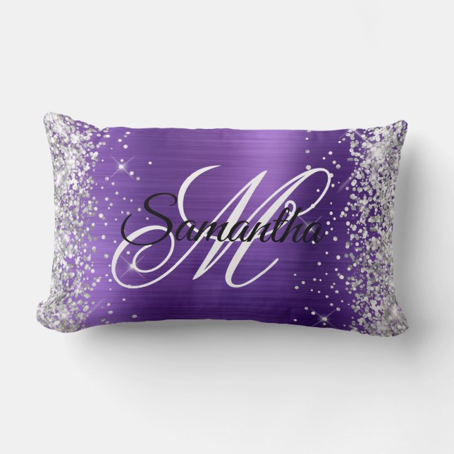 Silver Glitter Amethyst Foil Fancy Monogram Lumbar Cushion (Front)