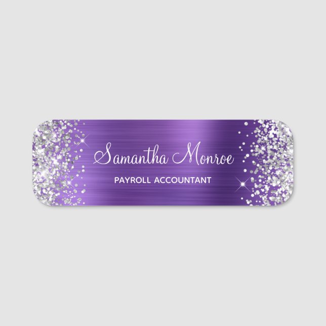 Silver Glitter Amethyst Foil Name Title Name Tag (Front)