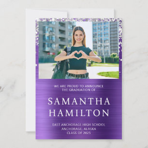 Silver Glitter Amethyst Foil Photo Graduation Announcement