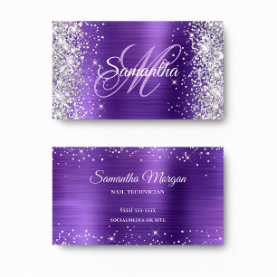 Silver Glitter Amethyst Foil Purple Monogram Business Card