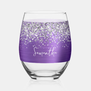 Silver Glitter Amethyst Glam Name Stemless Wine Glass