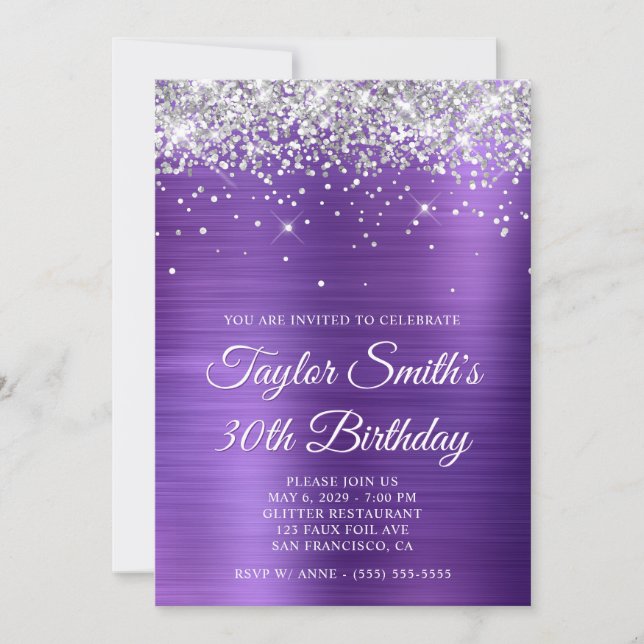 Silver Glitter Amethyst Purple 30th Birthday Invitation (Front)
