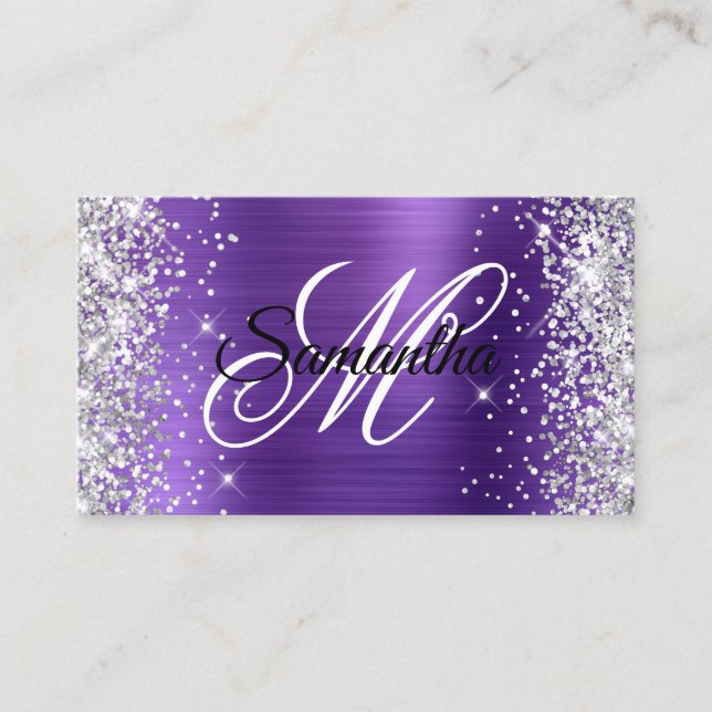 Silver Glitter Amethyst Purple Foil Fancy Monogram Business Card (Front)