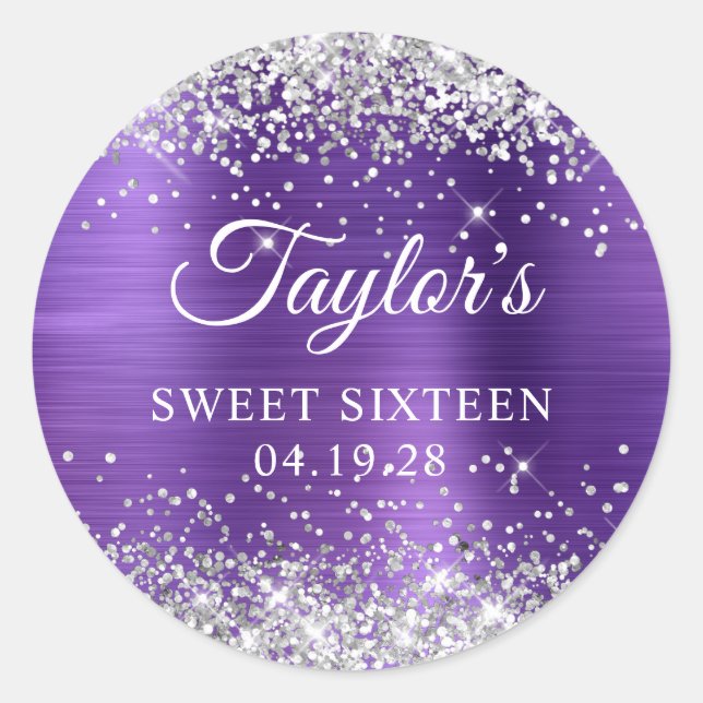 Silver Glitter Amethyst Purple Foil Sweet Sixteen Classic Round Sticker (Front)