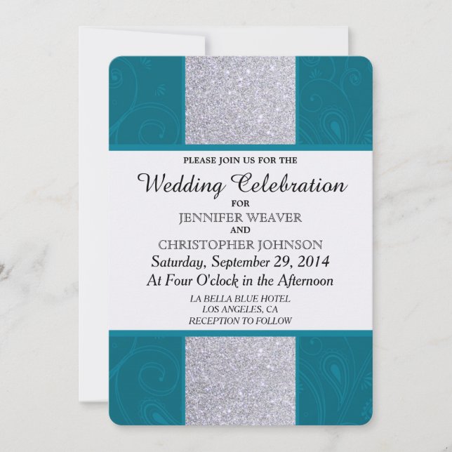 Silver Glitter and Aqua Teal with Swirly Design Invitation (Front)