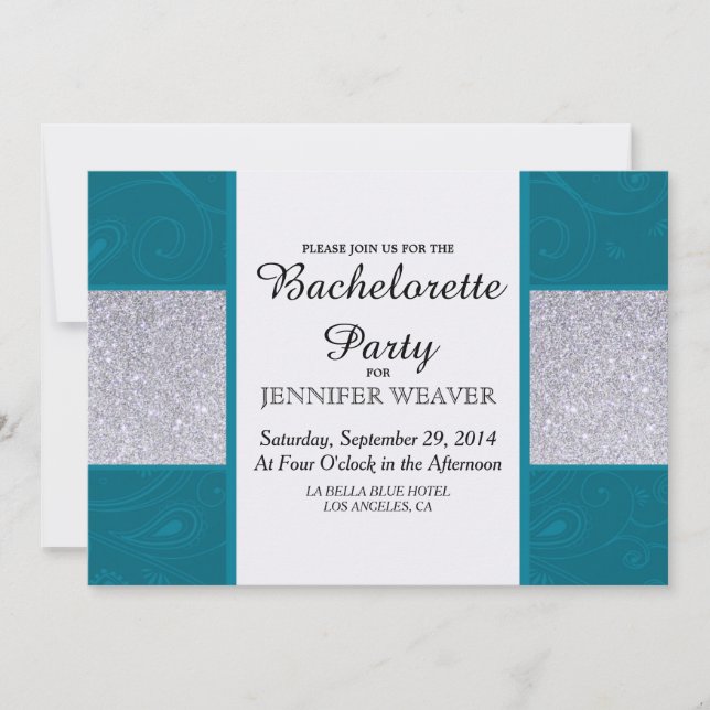 Silver Glitter and Aqua Teal with Swirly Design Invitation (Front)