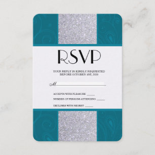 Silver Glitter and Aqua Teal with Swirly Design RSVP Card