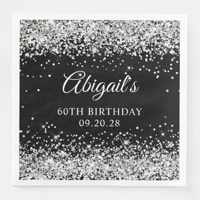 Silver Glitter and Black 60th Birthday Napkin (Front)