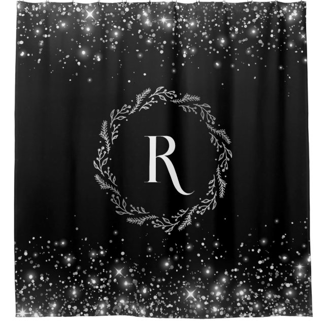 Silver Glitter And Black Elegant Monogrammed  Shower Curtain (Front)