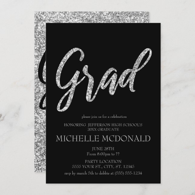 Silver Glitter and Black Graduation Party Invitation (Front/Back)