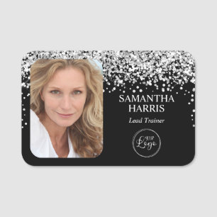 Silver Glitter and Black Logo and Photo Name Tag