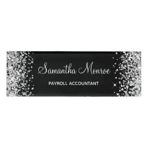 Silver Glitter and Black Name Tag