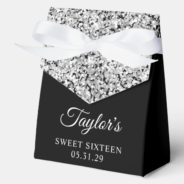 Silver Glitter and Black Sweet Sixteen Favour Box (Front)
