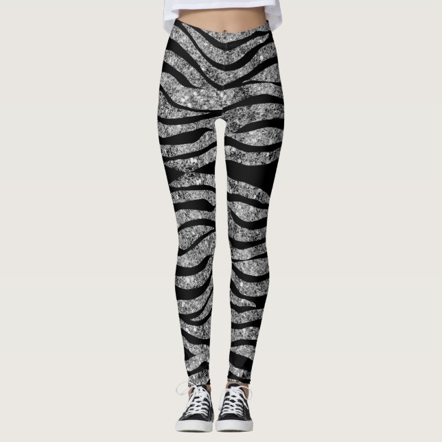 Silver Glitter and Black Zebra Stripes Leggings (Front)