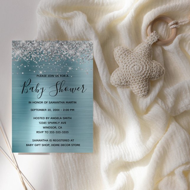 Silver Glitter and Blue Foil Baby Shower Invitation (Silver Glitter Light Blue Glam Baby Shower Invite)