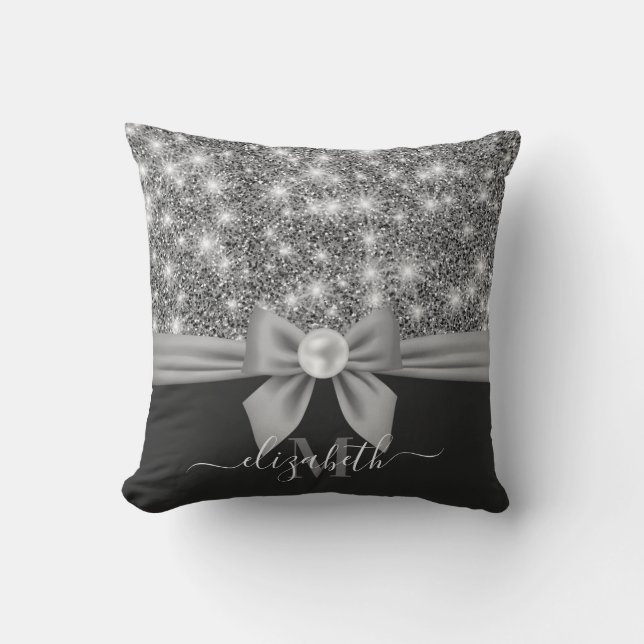 Silver Glitter and Bow Cushion (Front)