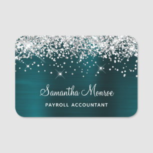 Silver Glitter and Dark Turquoise Foil Name Tag