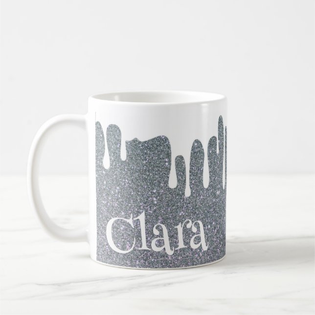 Silver Glitter and Dripping White Personalised  Coffee Mug (Left)
