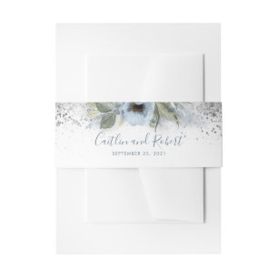 Silver Glitter and Dusty Blue Floral Wedding Invitation Belly Band