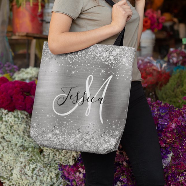 Silver Glitter and Foil Girly Monogrammed Tote Bag (Silver Glitter and Foil Girly Monogrammed Tote Bag)