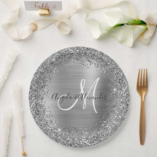 Silver Glitter and Foil Wedding Monogram Paper Plate (Wedding)