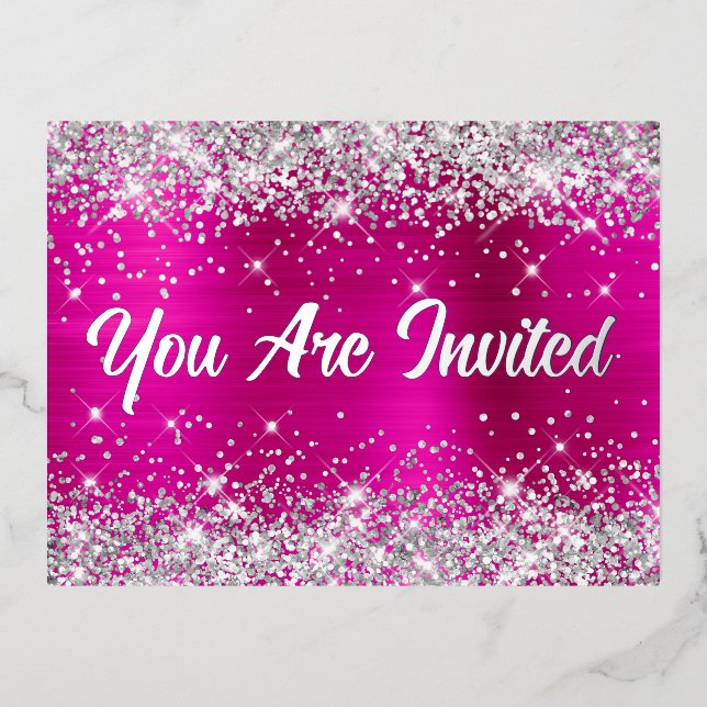 Silver Glitter and Hot Pink Glam 50th Birthday Foil Invitation Postcard (Front)