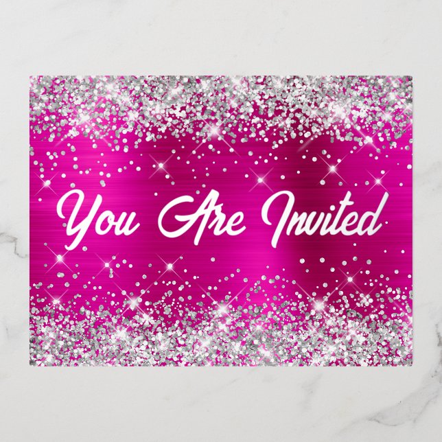 Silver Glitter and Hot Pink Glam 60th Birthday Foil Invitation Postcard (Front)