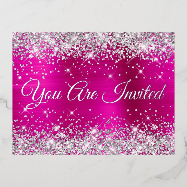 Silver Glitter and Hot Pink Glam Quinceañera Foil Invitation Postcard (Front)
