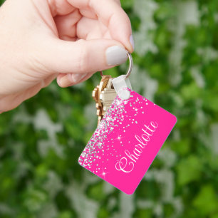 Silver Glitter and Hot Pink Monogram Key Ring