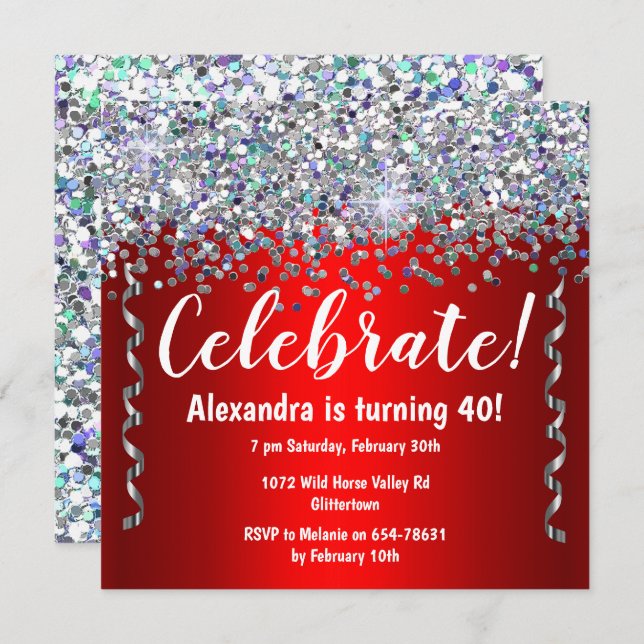 Silver Glitter and Metallic Red 40th Birthday Invitation (Front/Back)